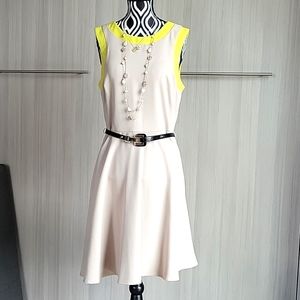 Muse A-Line Sleeveless Belted Dress Beige With Yellow Trim Size 8
